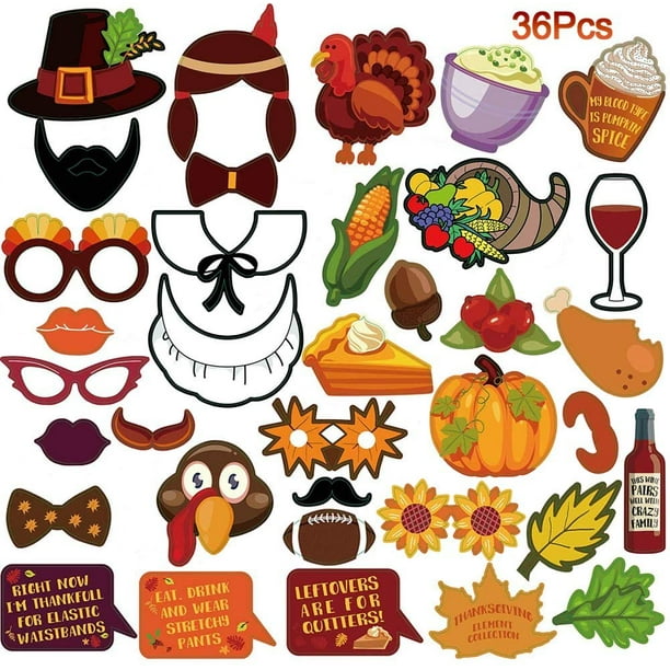 Coolmade Thanksgiving Photo Booth Props Kit, DIY Autumn Harvest Party Photo Backdrop Decoration for Thanksgiving Fall Party Supplies (36 Counts)