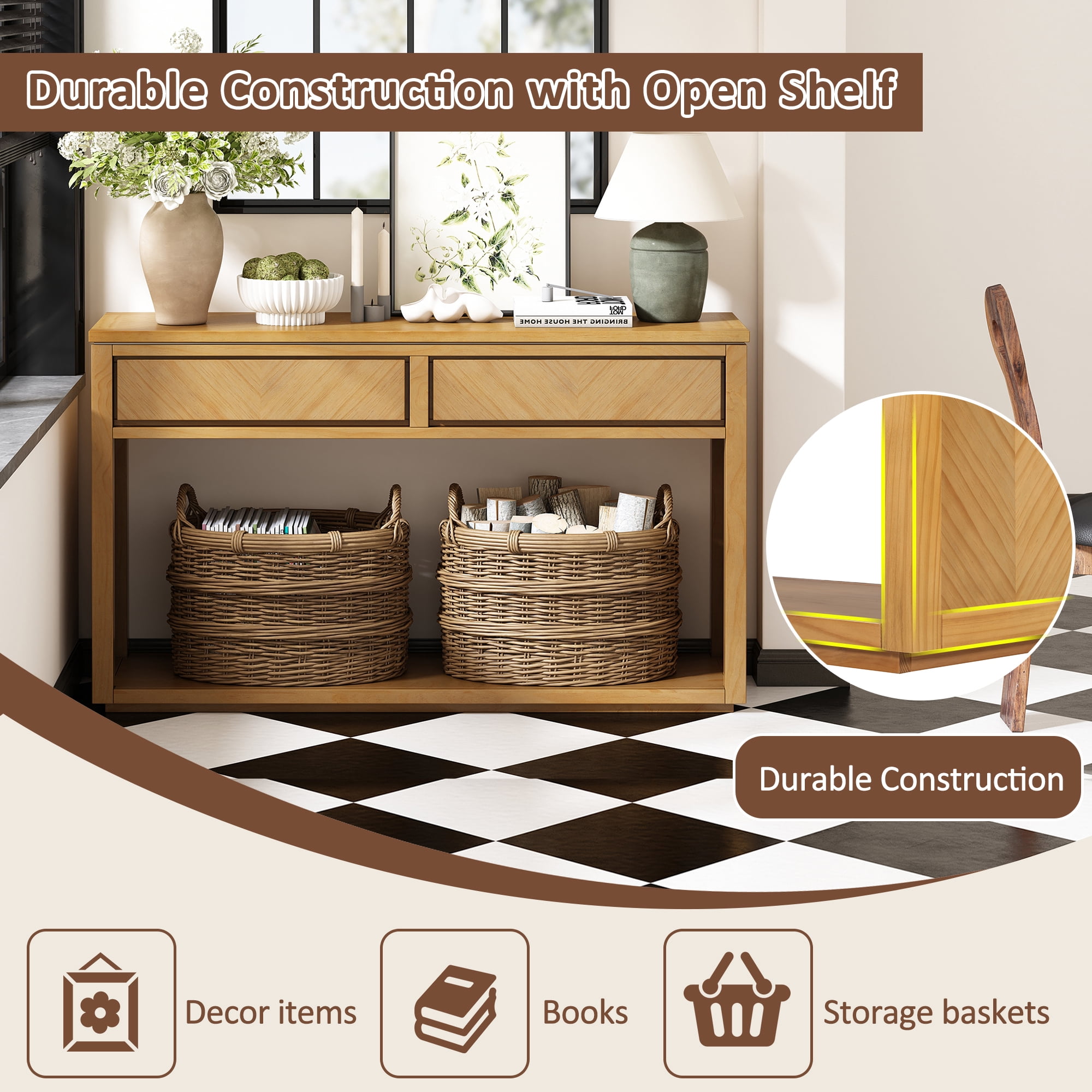 EUROCO 55" Long Console Table with 2 Drawers,Wooden Entryway Table with Open Storage Shelf, Sofa Table Behind Couch Foyer Tables for Living Room Hallway Entrance,Natural