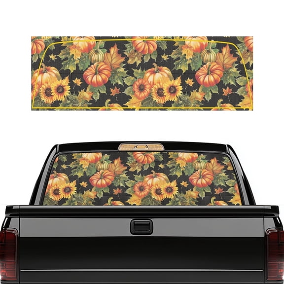Pzuqiu Autumn Pumpkin Sunflower Print Truck Rear Window Decal 66.9" x 22.4", One-Way See-Through Vinyl Wrap, Corrosion Resistant Decal for Most Pickup Suvs