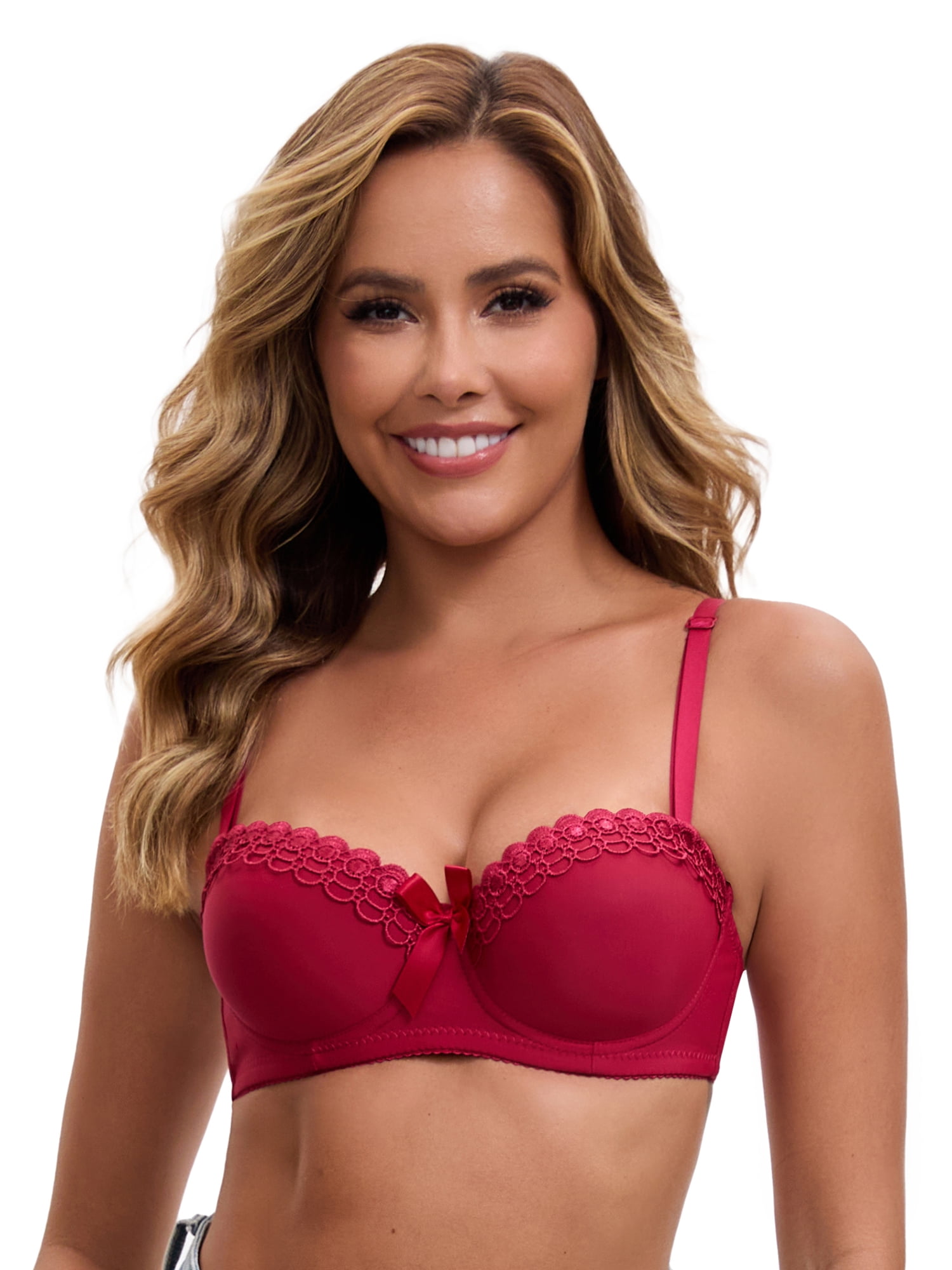 DARING DIVA Women's Soft Convertible Half Cup Underwire Push Up Bow Lingerie S Red