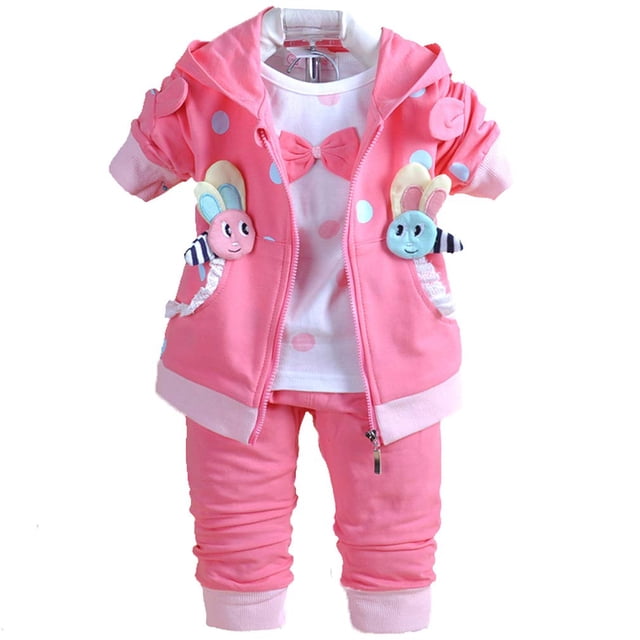 Yao 6M-4Y 3pcs Bebé Niña Casual Sudadera con capucha Chaqueta Algodón Camiseta Pantalones Suéter (Rosa fuerte 2-3Y)