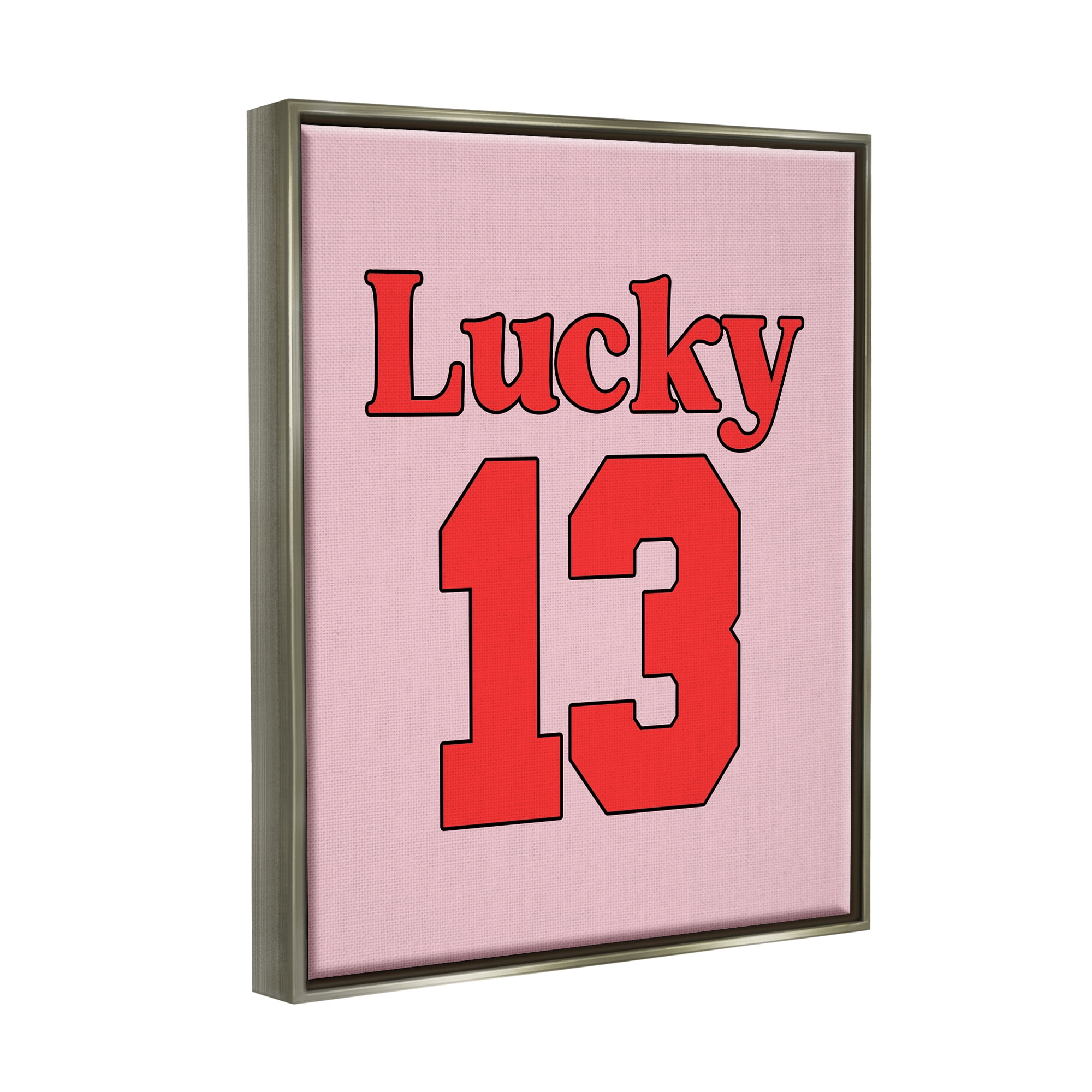 Stupell Industries Lucky 13 Varsity Text Typography Painting Gray Floater Framed Canvas Art Print Wall Art, 17 x 21