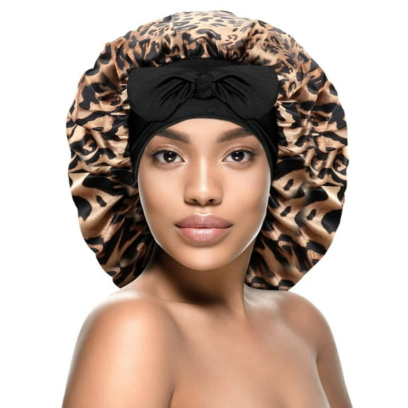 PEAKIN Silk Bonnet for Sleeping Women Leopard Print Satin Bonnet Double Layer Satin Lined Hair Bonnet with Tie Band Curly Hair