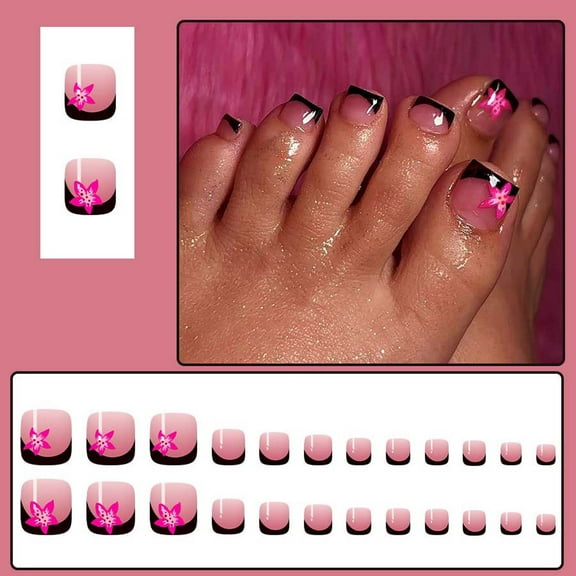 Kokovifyves Short Shiny SummerBlack French Flower Nail Art Toenails Stylish Wearable Nail Patches 24pcs