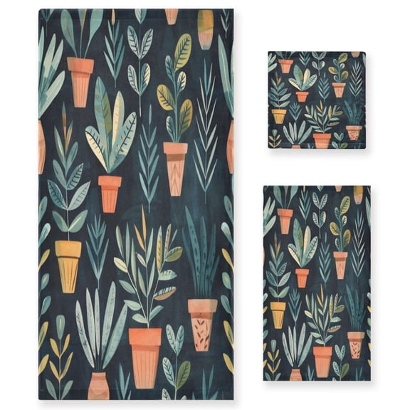 Three-Piece Towel Set Face Towel Towel Set Hand Towel Bath Towel Cotton Bath Towels Bath Towel Sets Hand Bath Towels Dark Green Plants