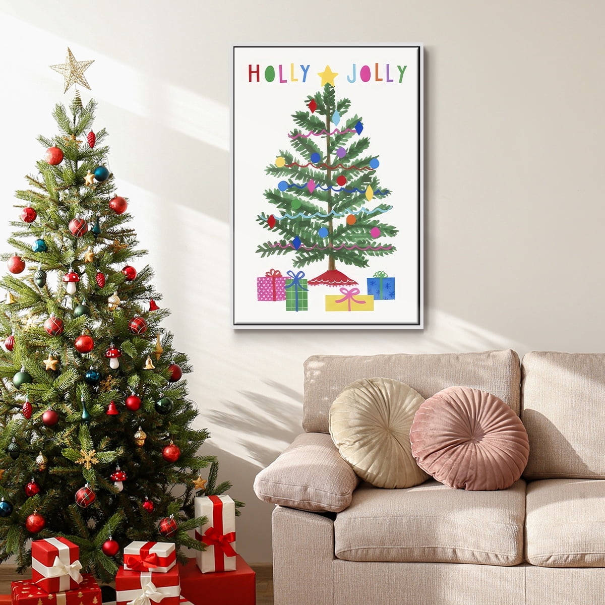Colorful Christmas Collection B - Framed Gallery Wrapped Holiday Canvas - 27 x 41 - White Frame