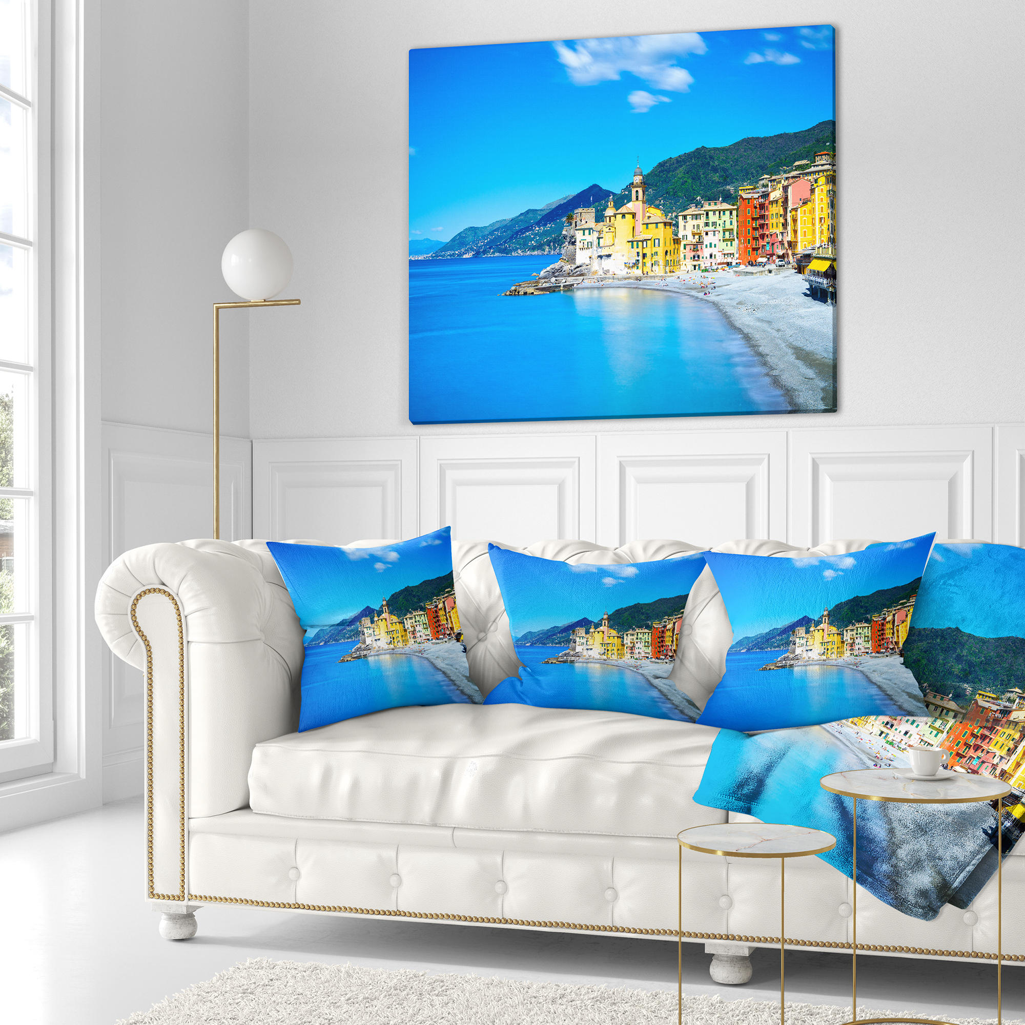 Designart Camogli Church on Sea and Beach View - Seashore Throw Pillow - 18x18