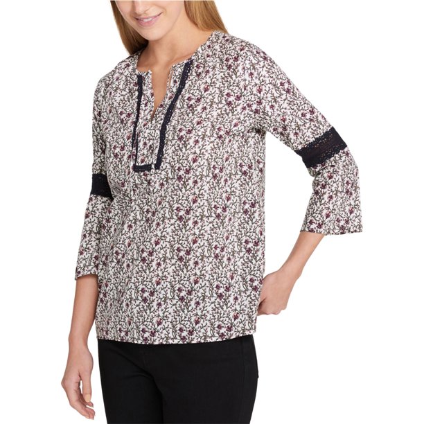 Tommy Hilfiger Blusa de punto con detalle de encaje para mujer, multicolor, mediana