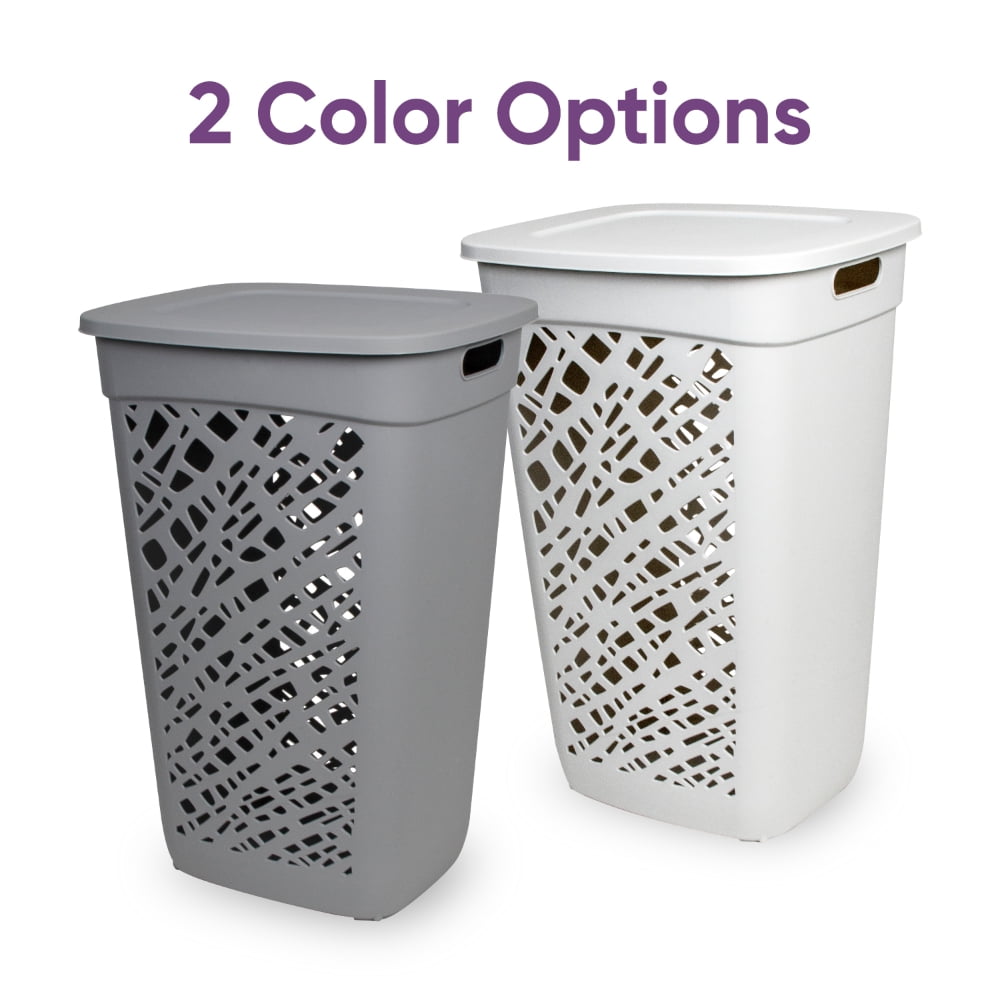 Non-Breakable Mosaic Hamper, 60L -Misty White, Elegant Design, Vented Laundry Basket, Made in France