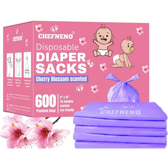 Disposable Diaper Bags (600 ct.) Cherry Blossom Scented Easy Tie Handles Scented Bulk Diaper Sacks Disposable Dog Cat Waste Bags (Cherry Blossom, 600 Bags)