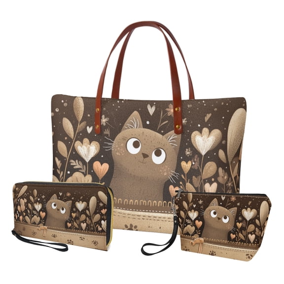 ZUXONGSY Cartoon Cat Flower Print Handbag with Large Capacity Makeup Bag Purse for Women PU Leather Top Handle Satchel Set with Fashion Cosmetic Pouch Purse Card Holder for Workout Dating