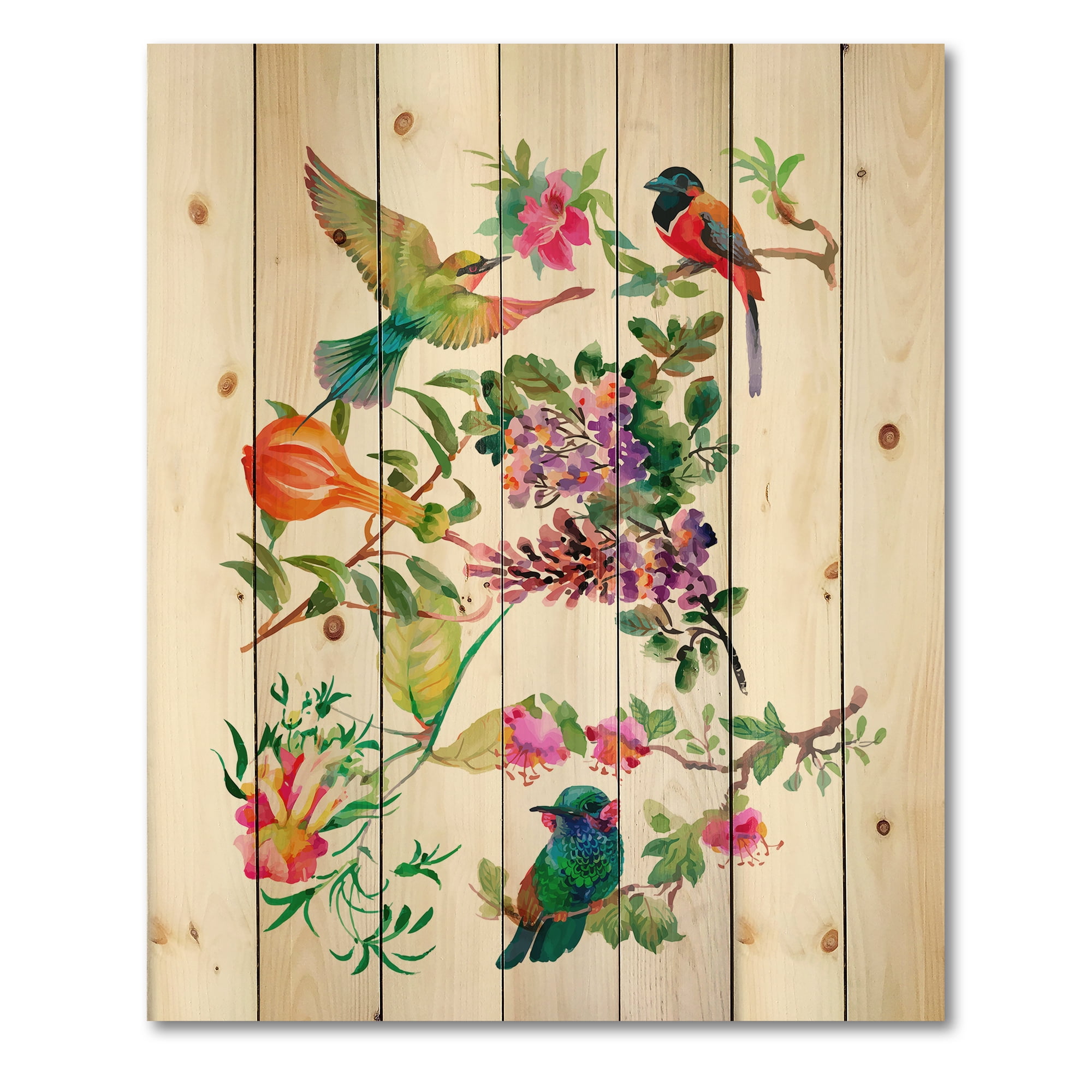 Designart 'Colourful Birds and Tropical Flowers II' Traditional Print on Natural Pine Wood