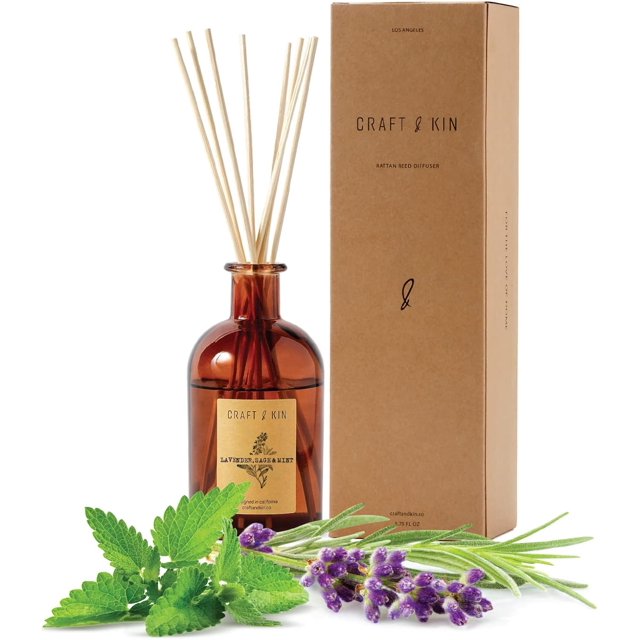 Reed Diffuser Set \u201cLavender, Sage & Mint\u201d Includes All Natural Essential Oil, 8 Rattan Diffuser Sticks & Elegant Amber Glass Vase (5.75 oz), Natural Fragrance Diffuser Set