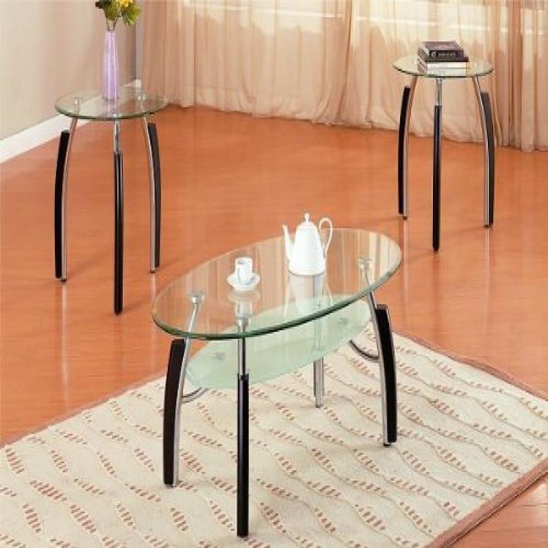 3pc Modern Oval Metal And Glass Coffee And End Table Set