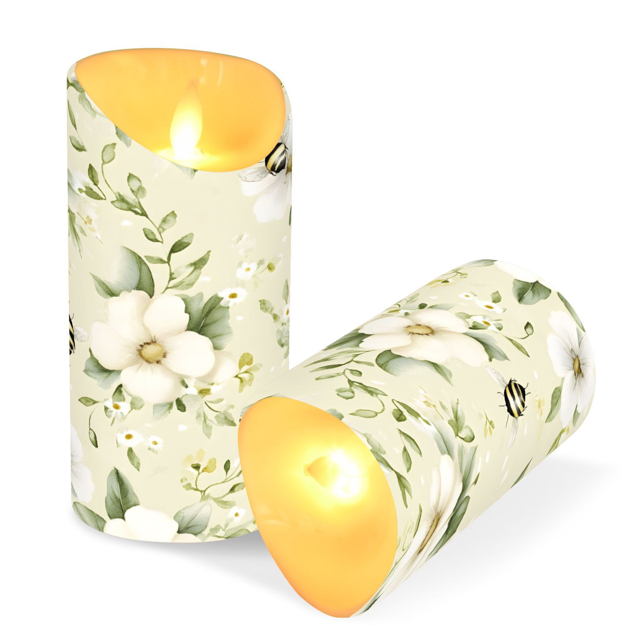 Flowers and Bees Flameless Candles 2 PCS with Remote Realistic Moving Flame LED Tapered Pillar Set for Home Decor