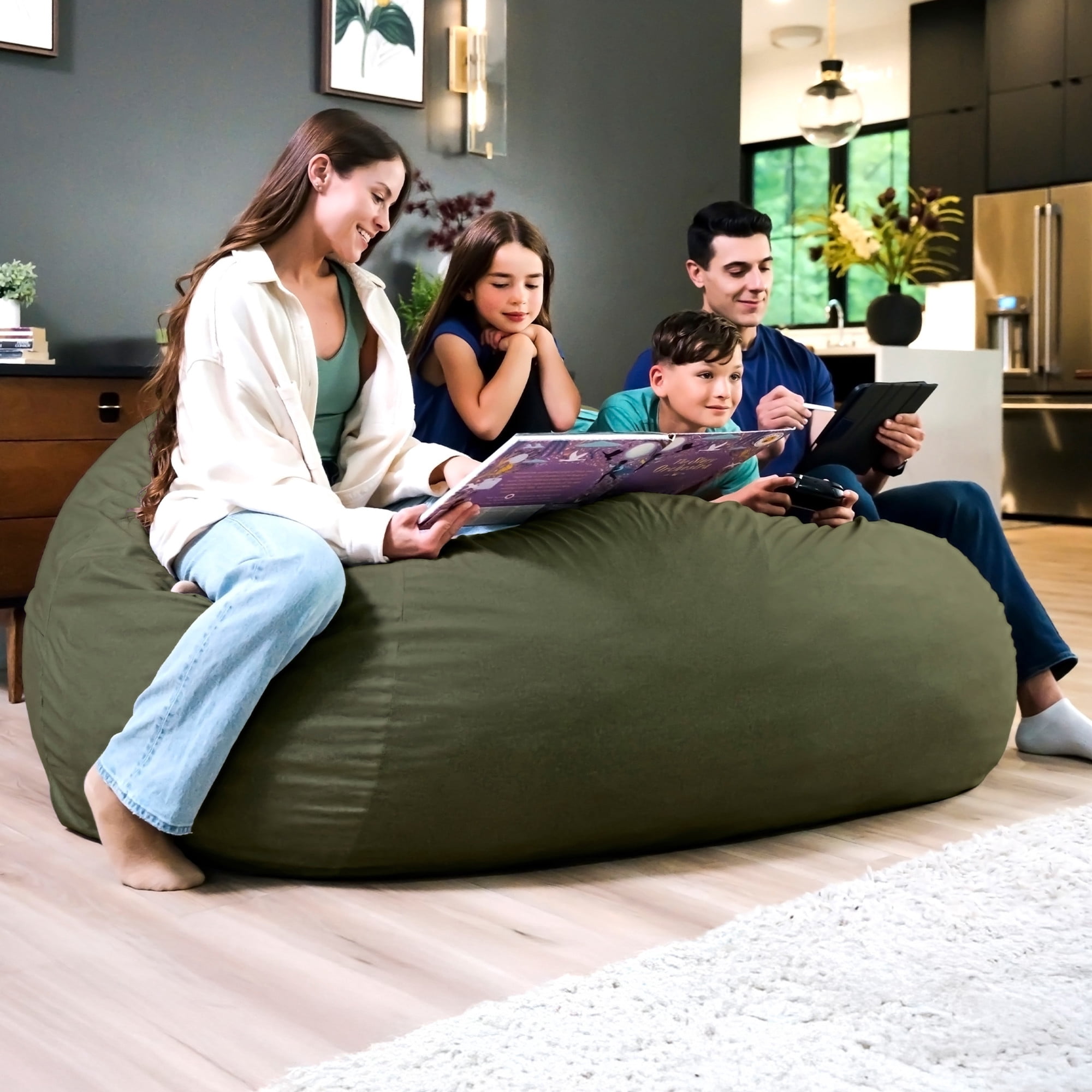 Big Joe Fuf 8Ft Giant Foam Bean Bag Chair, Oversized Couch with Removable Cover for Kids, Teens, Adults, Forest Green Velveteen, Durable Woven Polyester, 8 Foot