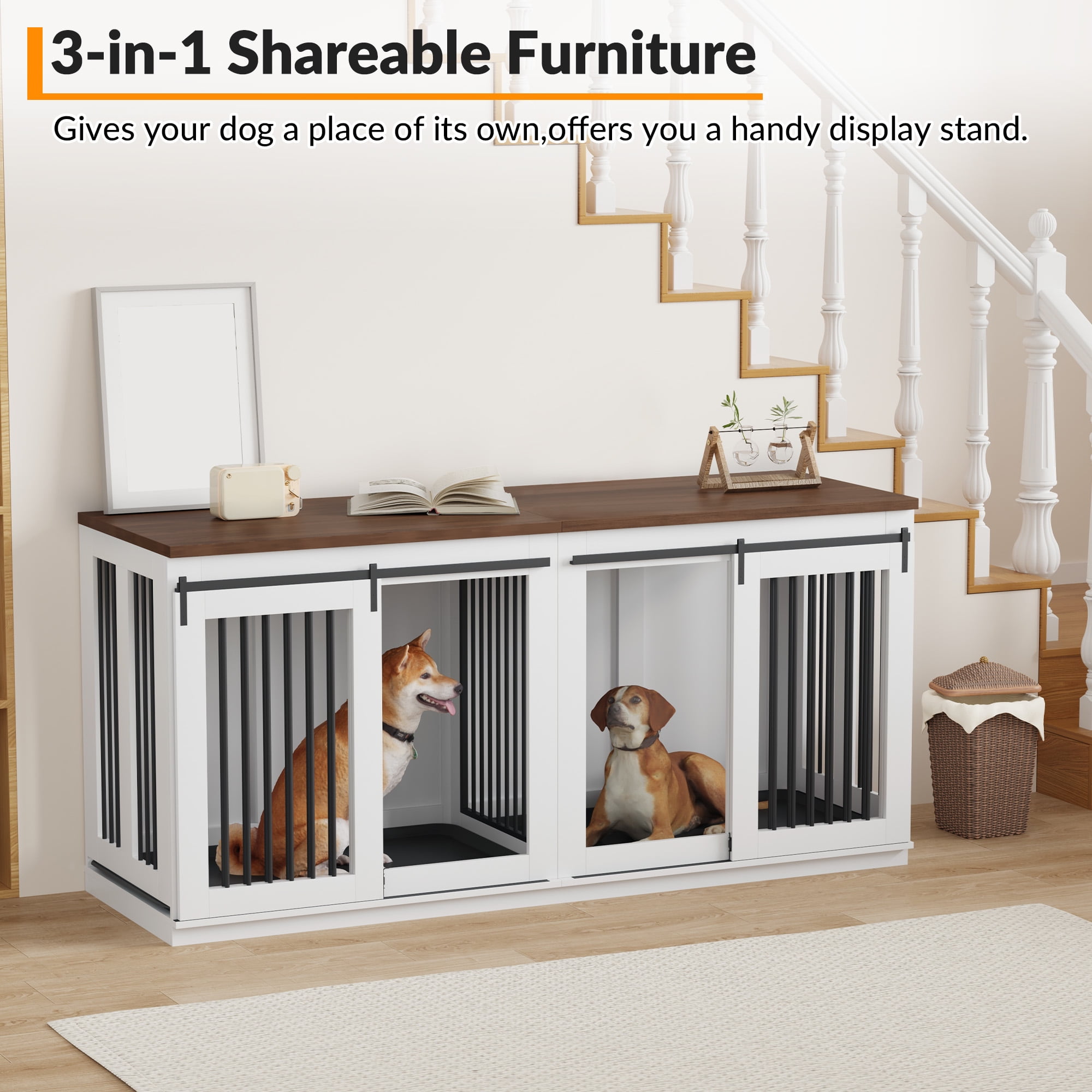 BouPower Dog Crate,Heavy Duty Dog Kennel Furniture For Small Medium Large Dogs,Double-Dog Indoor Wooden Dog Crate Furniture,Anti Escape Dog Cage,Tv Stand,Large Dog Crate Furniture
