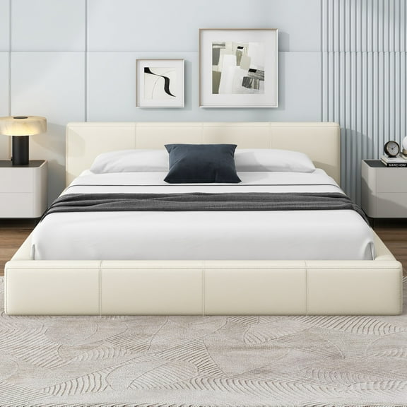 Christopher Knight Home 88" Queen Size Platform Bed Frame, Modern Faux Leather Upholstery, Beige