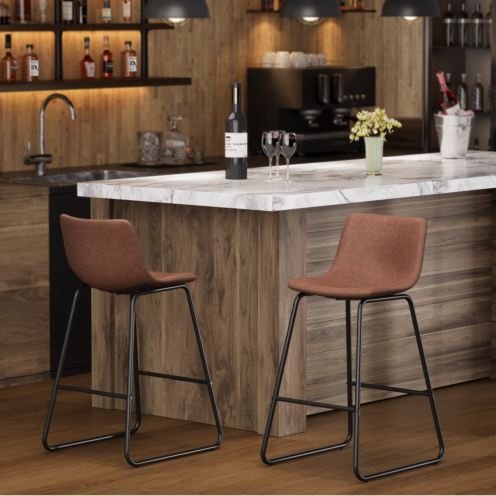 Aufeile 26" Counter Height Bar Stools Set of 2 – Modern Faux Leather Barstools with Back & Metal Legs, Kitchen Bar Chairs for Island, Dining Room, Dark Brown