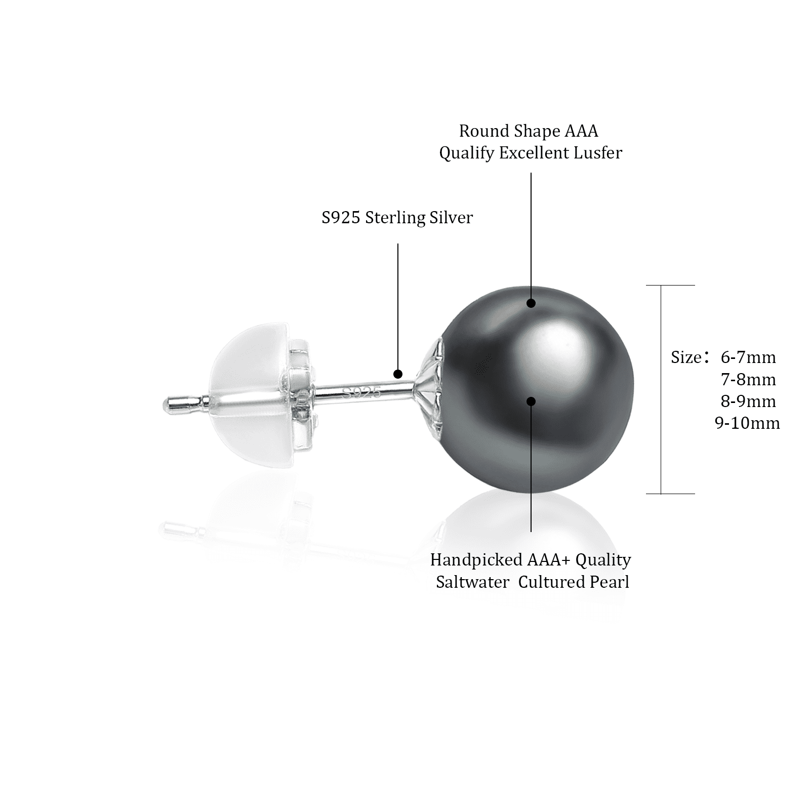 BAMIKI 7.5-8mm Handpicked Tahitian Black Pearl Earrings 925 Sterling Silver Studs Valentine's Day Gift for Women
