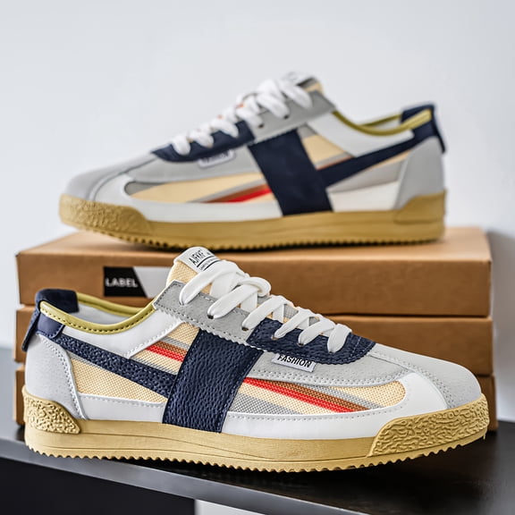 Men's Low-Top Sneakers, All-Season Lace-Up for Training, Outdoor, Beige/White/Lime Green/Black (Round Toe),Multicolor Striped & Beige/Grey Casual Shoes, Breathable Fabric Upper & Cushioned PVC Sole