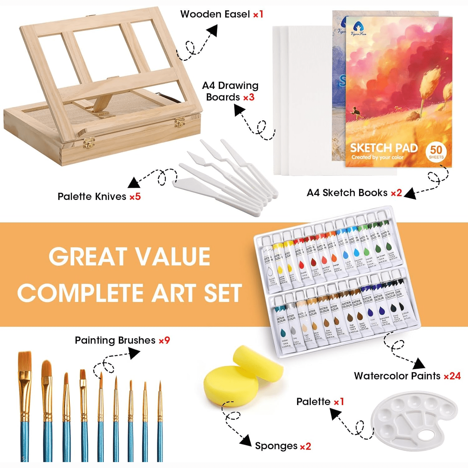Painting Supplies Set, 49 Pieces Watercolor Painting Kit with Wooden Tabletop Easel, Includes Watercolor Paints, Brushes, Palette, Canvas Panels and Painting Pads