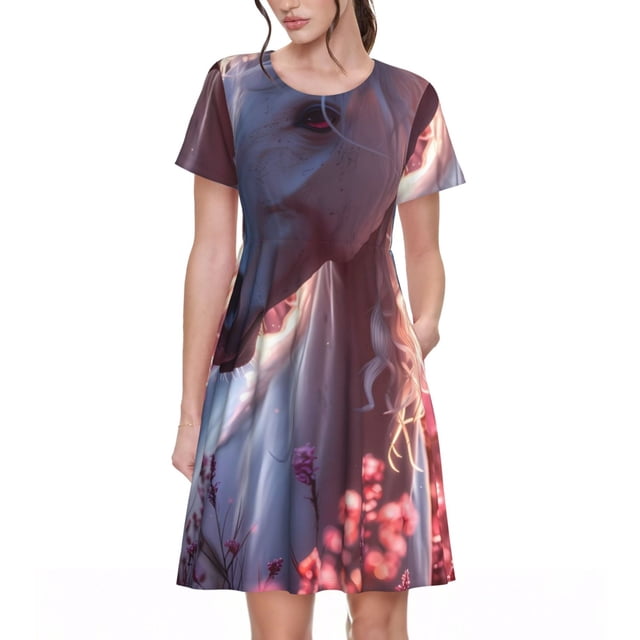 Balery Flower White Horse Vestidos sueltos de manga corta para mujer, vestidos de verano 2025, vestidos casuales de corte A con vuelo.