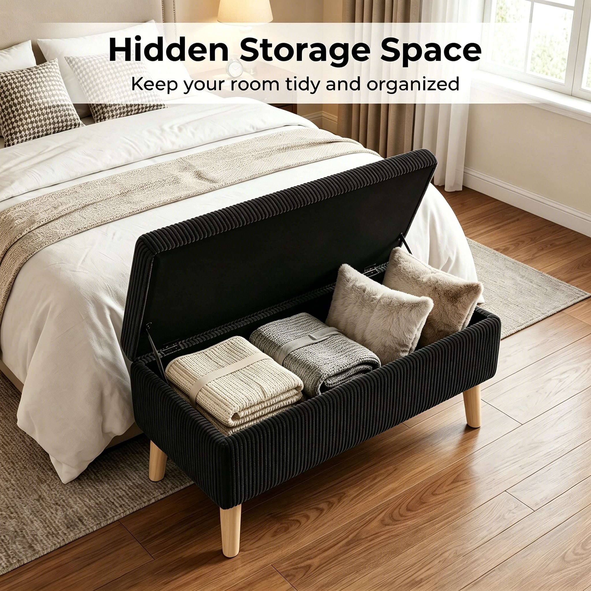 32 inch Wide Olive Black Corduroy Storage Ottoman Bench with Wooden Legs, Flip-Top Storage Box, Soft Upholstered End of Bed Bench, Footrest & Shoe Bench for Bedroom, Living Room, Entryway