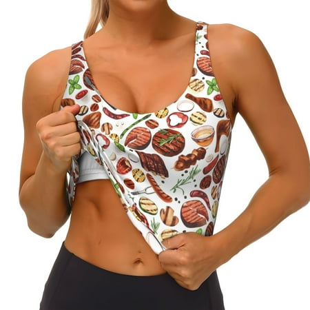 Qokaie Cooking Bbq Pattern Womens Scoop Neck Sports Bra Breathable Workout Vest Padded U Back Medium Impact Fitness Gym Yoga Bra Workout Crop Top