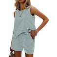 thumbnail image 2 of Women'S Summer 2 Piece Outfits Sleeveless Tank Top Matching Shorts Sets Cotton Striped Sweatsuits Green XL Women's Leisure Suit, 2 of 6