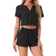 thumbnail image 1 of Pijamas de mujer de punto waffle con botones de INSPIRE CHIC, camiseta de manga corta y pantalones cortos, conjunto de 2 piezas, talla XL, negro, 1 of 6