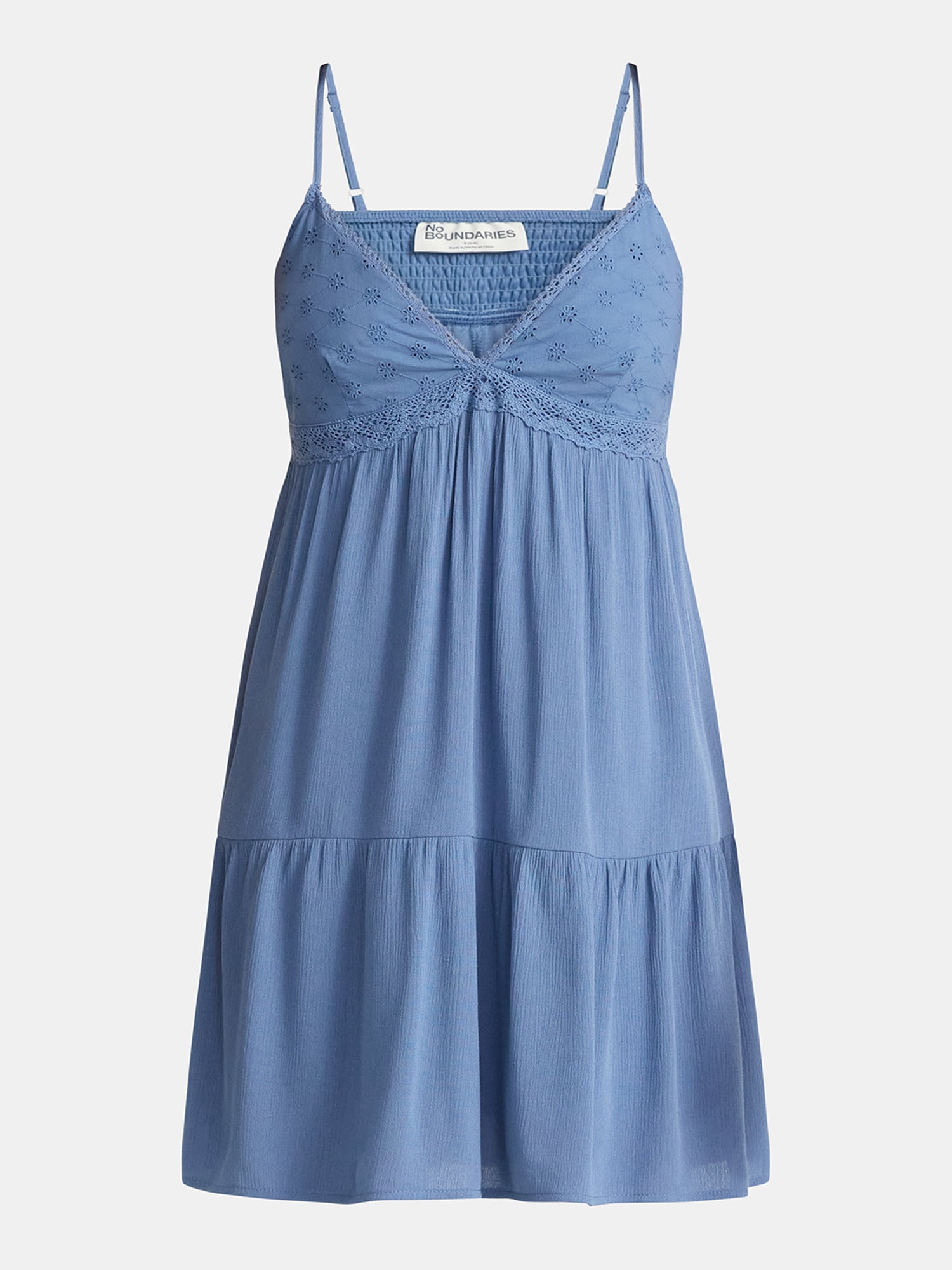 No Boundaries Woven Eyelet Mini Dress with Crochet Trim, Women's