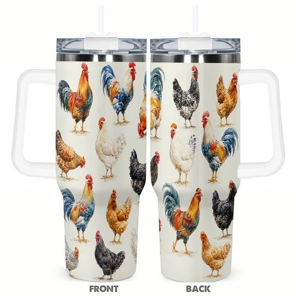 40oz Colorful Farm Chicken Rooster Insulated Tumbler with Handle and Straw Travel Cup Car Cup