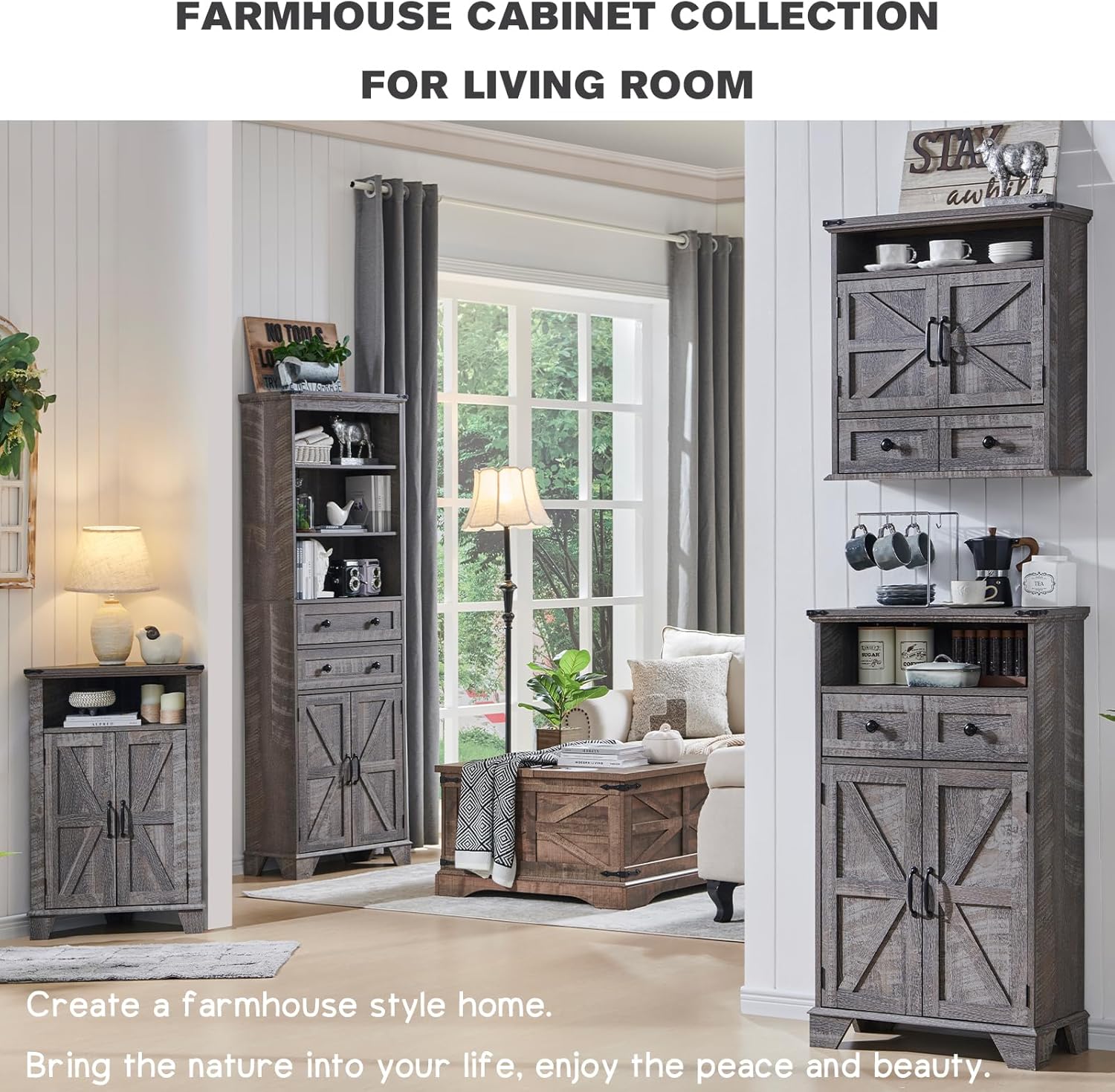 ZYPPP Bathroom Wall Cabinet, Farmhouse Medicine Cabinet, 24" Wide Cabinet with Drawer, Adjustable Shelf, Double Barn Doors, Storage Cabinet for Bathroom, Kitchen, Living Room, Grey Wash