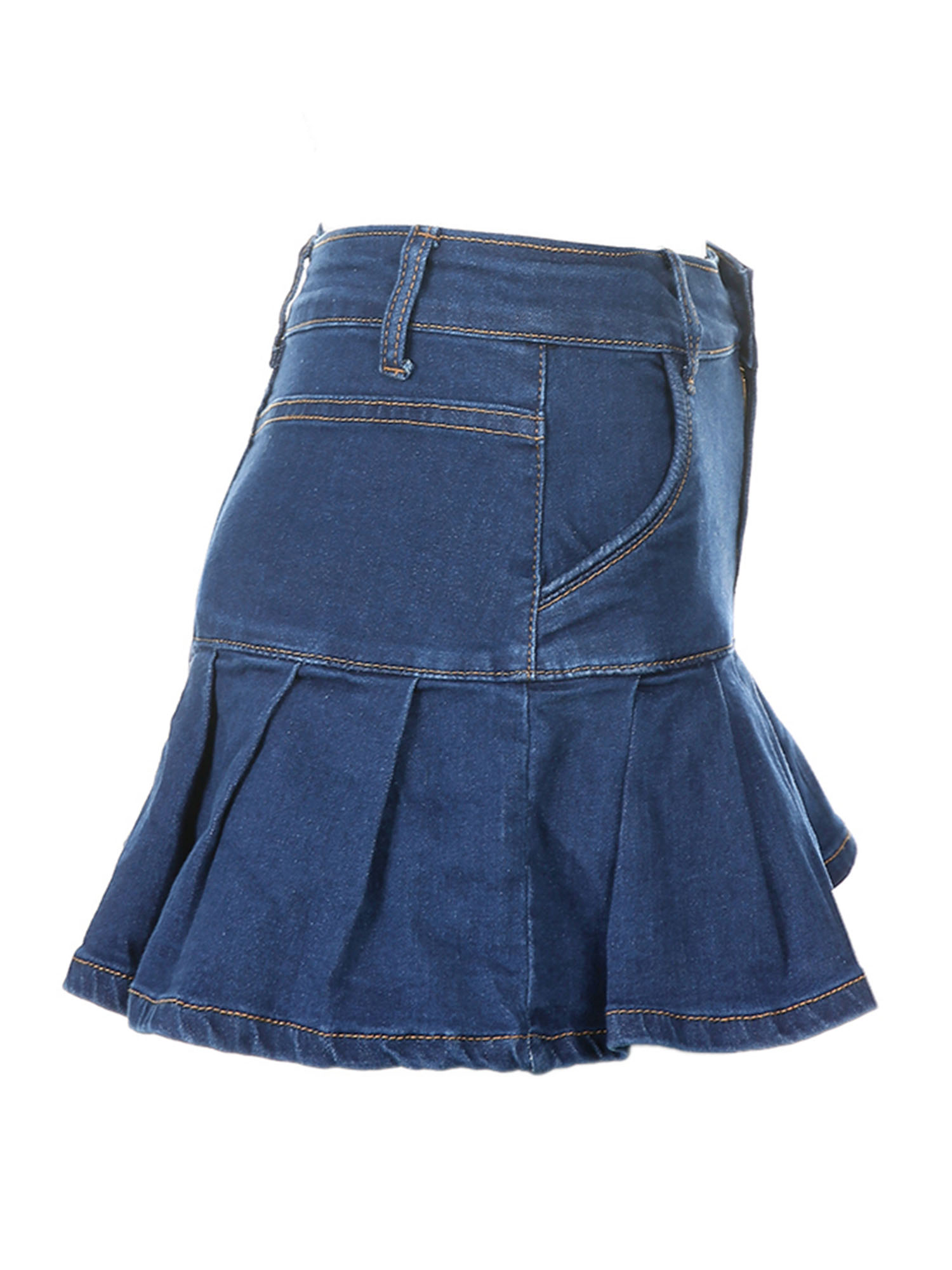 RUEWEY Women Denim Pleated Skirt High Waist Button Closure Mini Skirt ...