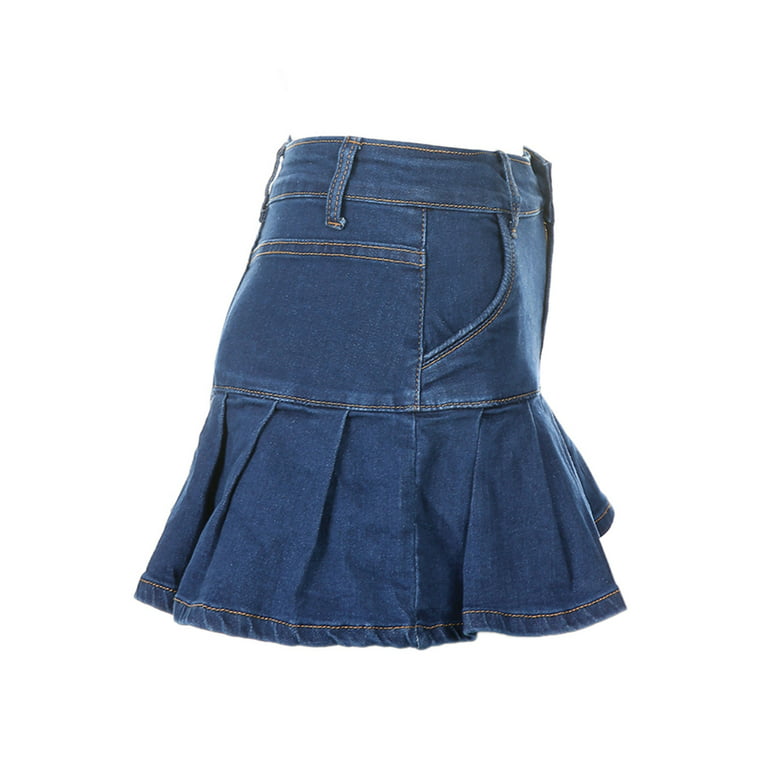 Women's Ruffle Denim Mini Skirt Aesthetic Low Waist Jeans Skirt Pleated  A-line Short Bodycon Pencil Jean Skirts