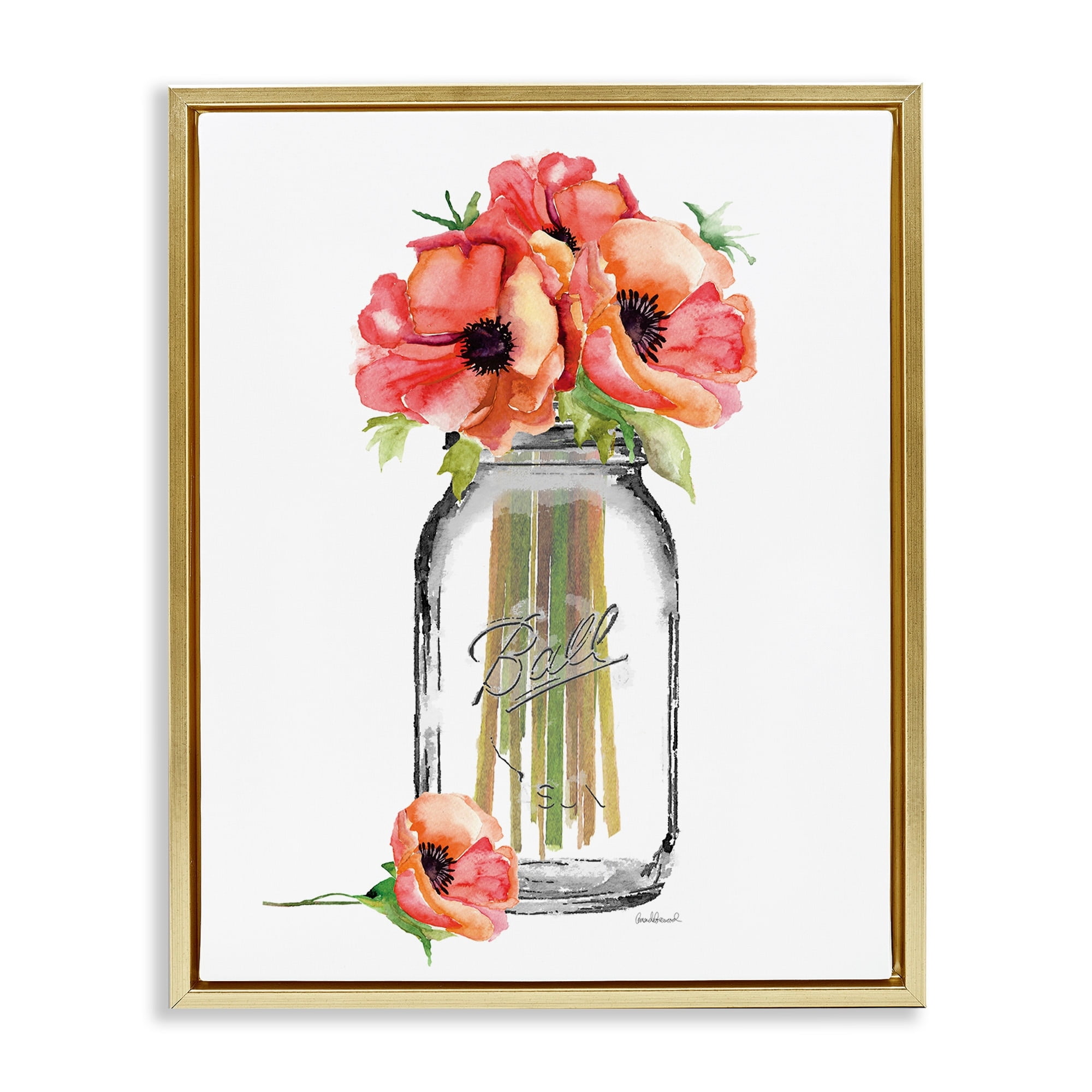 Stupell Industries Mason Jar Poppys Metallic Gold Framed Floating Canvas Wall Art, 24x30, by Amanda Greenwood
