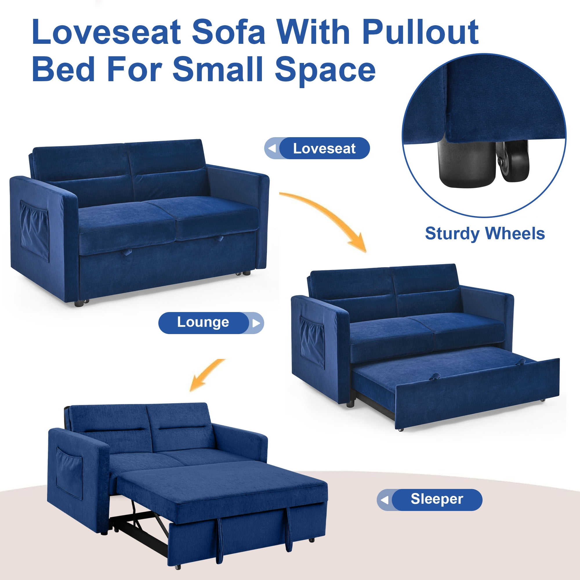 DEALTOPS Convertible Pull Out Sofa Bed, Adjustable Loveseat Sleeper with Side Pockets, Blue
