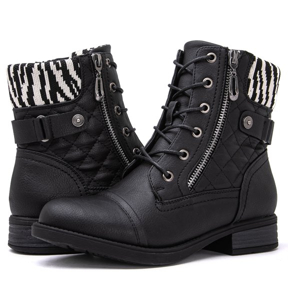GLOBALWIN Women's Black Zebra Stripe Ankle Booties Fashion Combat Boots For Women 8M