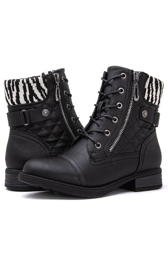 GLOBALWIN Women's Black Zebra Stripe Ankle Booties Fashion Combat Boots For Women 11M