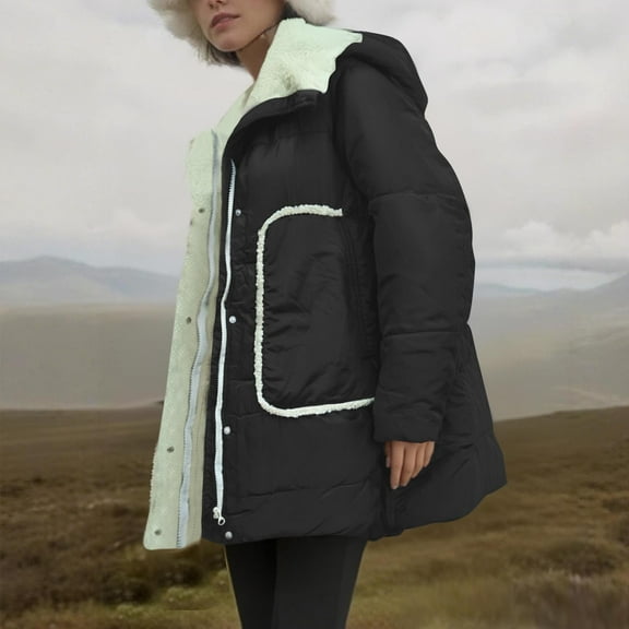 Fleece Lined Jackets Women Hooded Loose Zip Button Sherpa Coats with Pockets Casual Soft Long Sleeve Striped Quilted Outerwear Winter Warm Coats with Belt