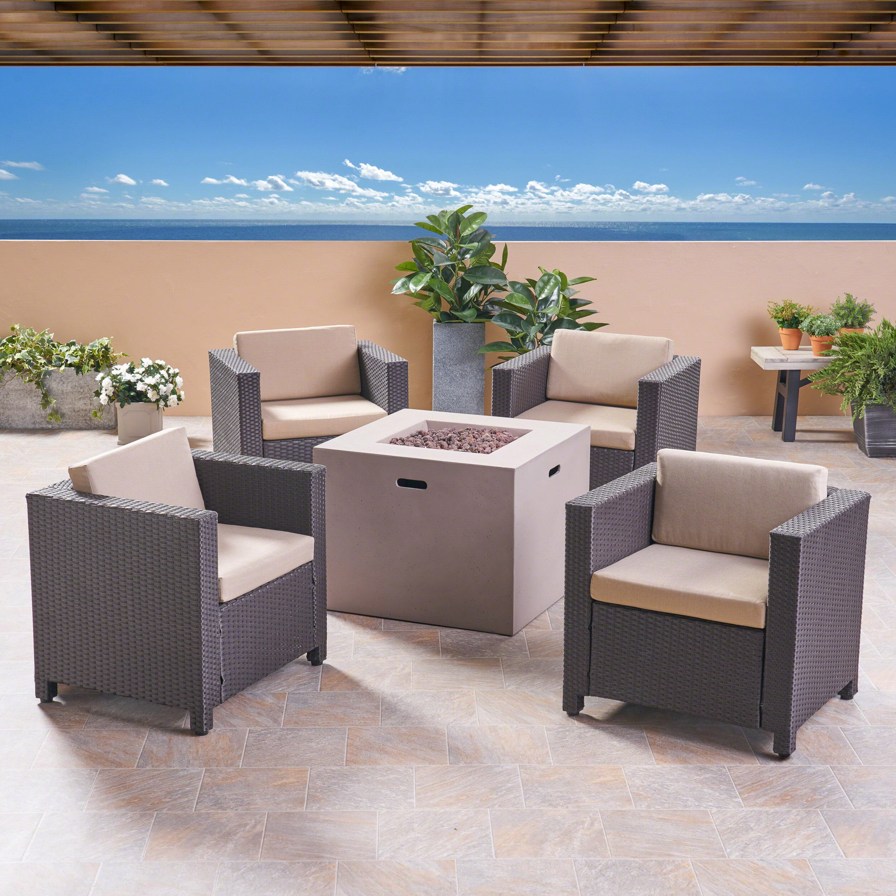Franklin Outdoor 5 Piece Wicker Club Chair Set with cushions and Square Fire Pit, Dark Brown, Beige, Light Gray