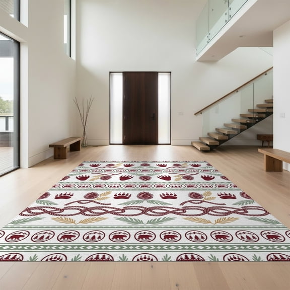 Design&I 8'x10' Washable Area Rug Wildlife Motif Forest Southwestern Border Cabin Farmhouse Pinecone Playful for Living Room, Family Extra Large Skid-Resistant Low Profile