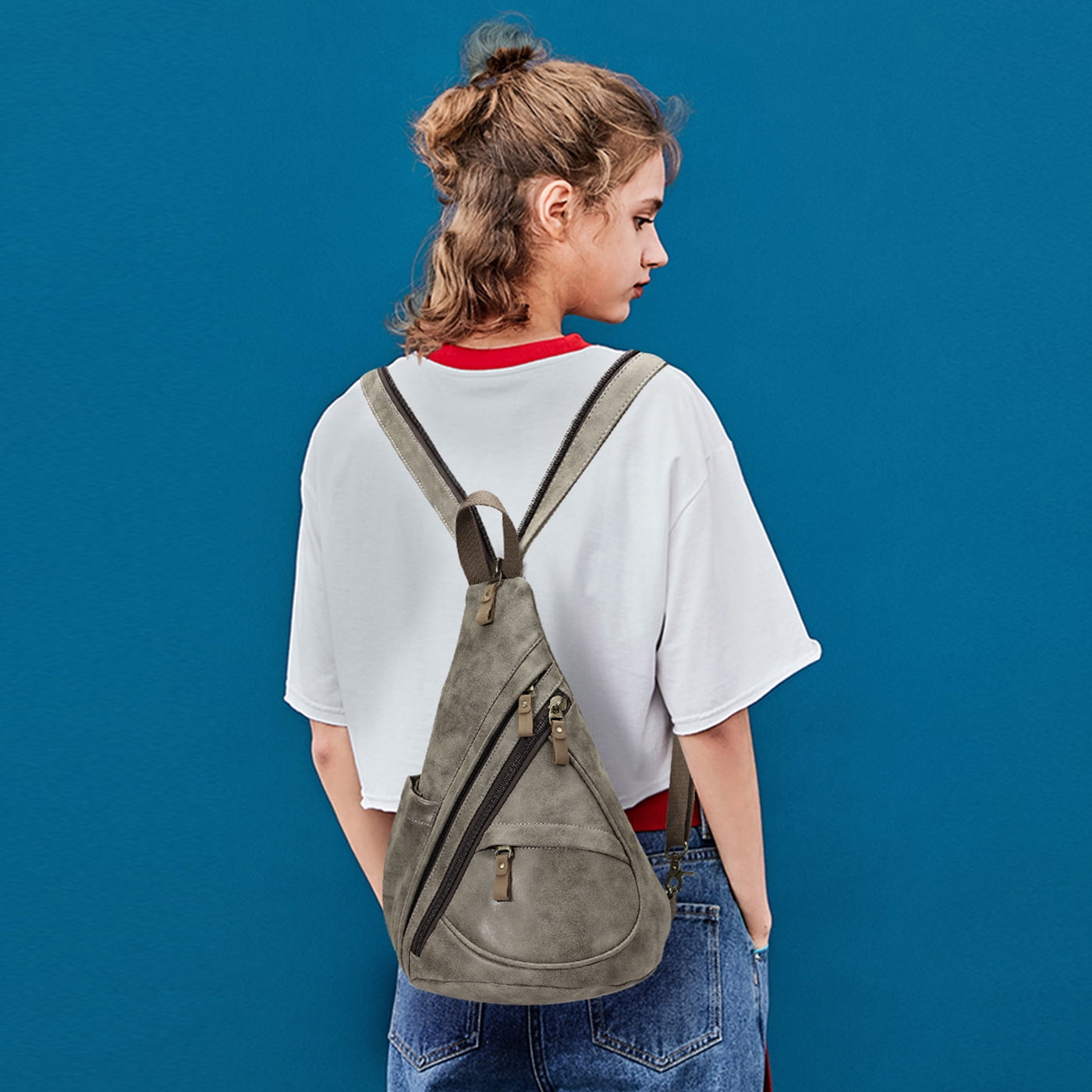 KL928 PU Leather Crossbody Backpack Sling Bag Shoulder Casual Daypack Rucksack for Men Women