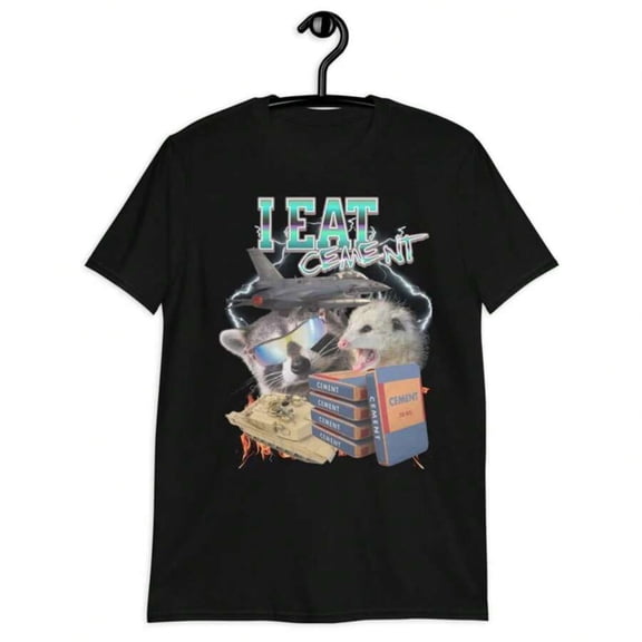 【New Arrival】I Eat Cement Raccoon Opossum Retro Bootleg Meme Graphic T-Shirt, Unisex Black Short Sleeve Funny Animal Humor Casual Novelty Tee