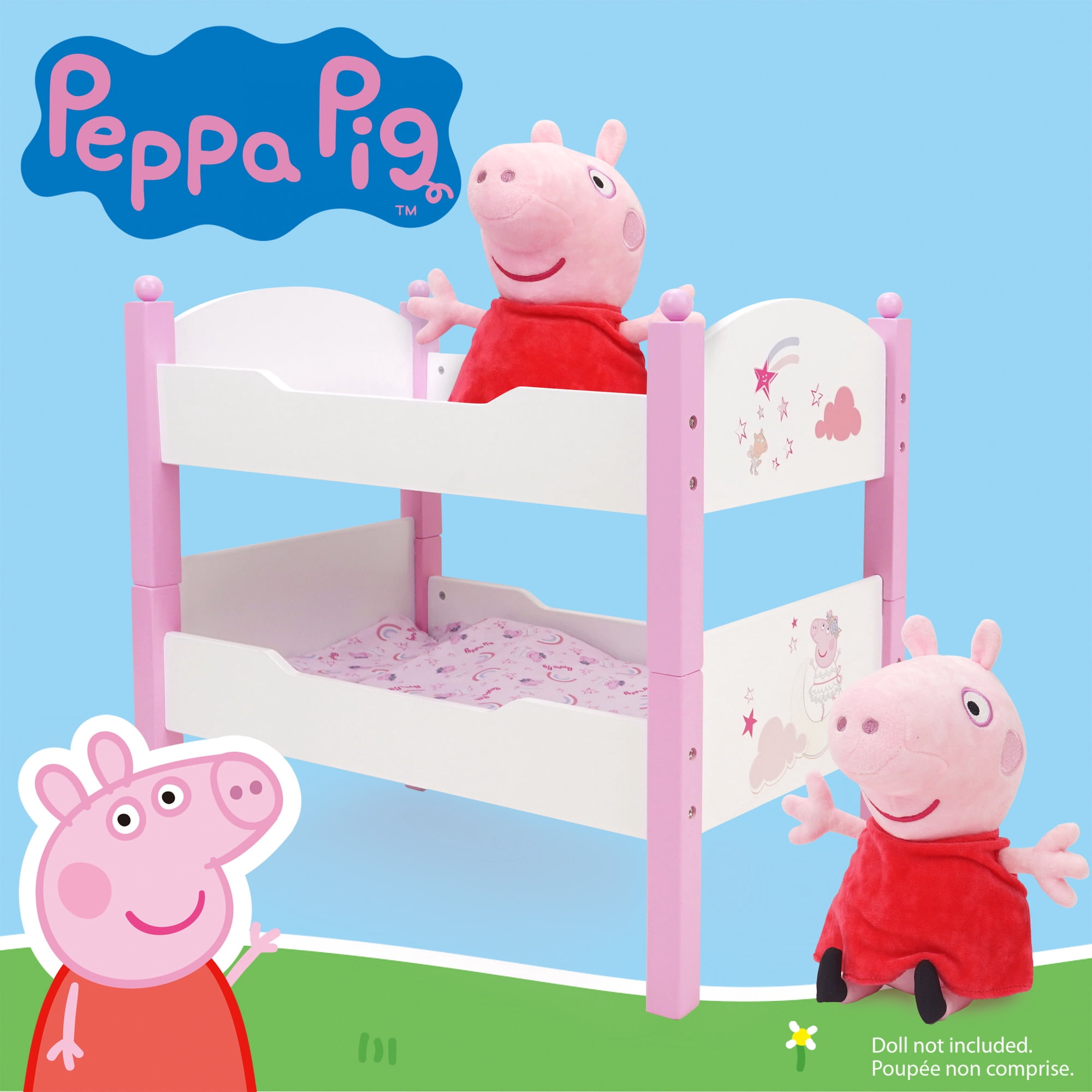 509 Crew: Peppa Pig - Wooden Doll Bunk Bed - Pink & White, Convertible to Single Beds, Blankets & Pillows, Doll & Plush Sleep Accessory Toy, Kids 3+