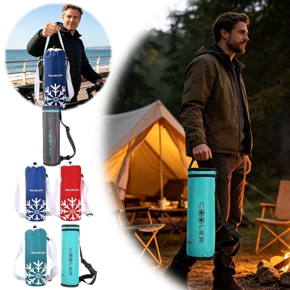Insulated Water Bottle Sleeve with Zipper Pocket & Shoulder Strap Lightweight Thermal Bottle Holder for Camping Hiking Commuting - 3.94" x 11."