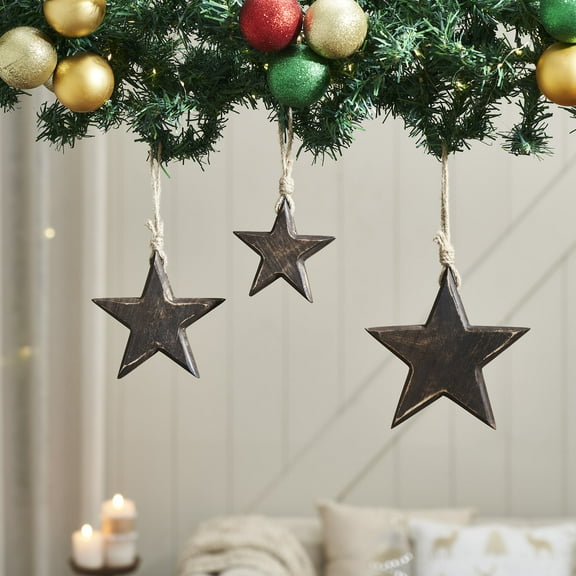VHC Brands Dark Wooden Star Ornament Set of 3 - 4/5/6 inch