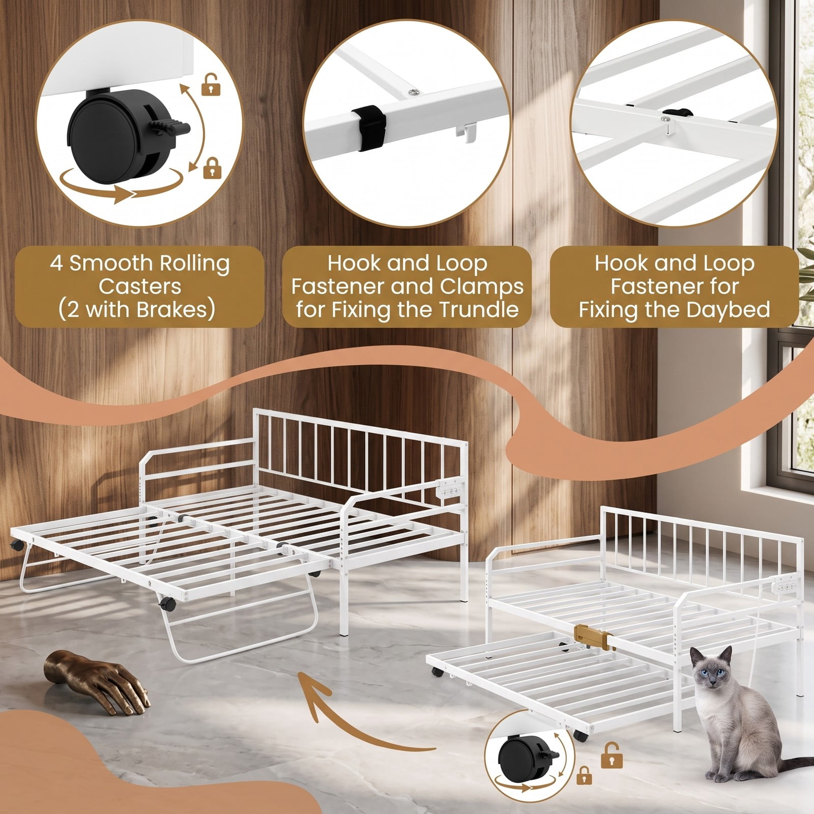 Furnibear Twin Metal Daybed with Pop-Up Trundle, Built-In Charging Station and LED Light for Bedroom and Guest Room, White