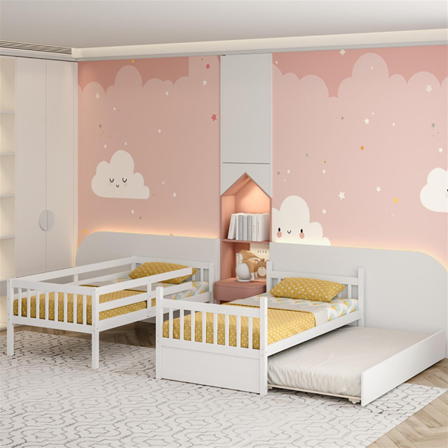 Demi Bonn Twin Pull-Out Bunk Beds with Ladder in the Steps and a Trundle, Twin Over Twin Bunk Bed Platform, White